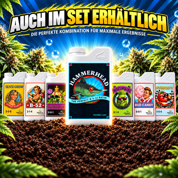 Set mit verschiedenen Advanced Nutrients Pflanzendüngern und Hammerhead Blütenbooster für Pflanzenwachstum.