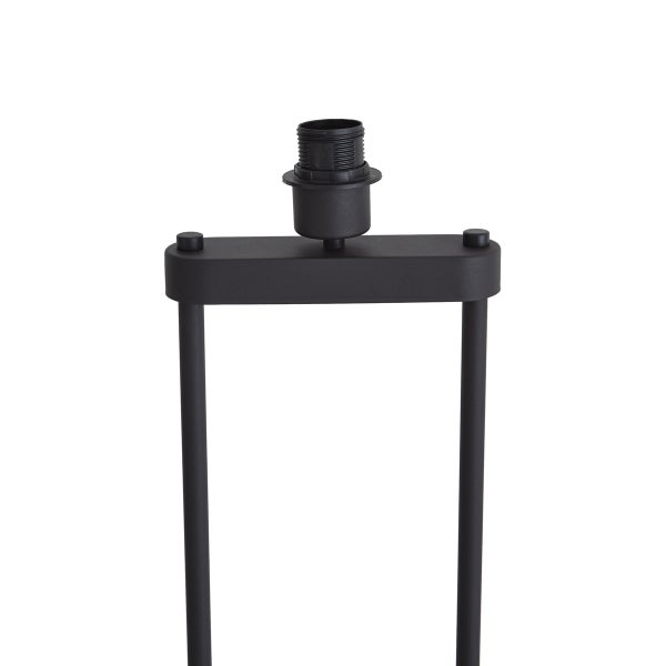 Schwarze E27 Lampenfassung auf einem rechteckigen Metallrahmen.
