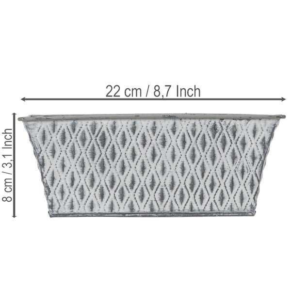 Rechteckiger Pflanztopf mit Rautenmuster, Länge 22 Zentimeter, Höhe 8 Zentimeter.