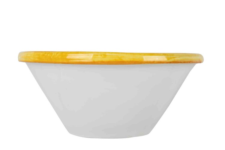 Rundes Keramik-Aufsatzwaschbecken mit handbemaltem Ornament-Dekor im italienischen Majolika-Stil.