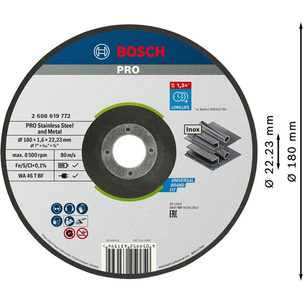 Bosch PRO Stainless Steel and Metal Trennscheibe 180 x 1,6 x 22,23 mm - 2608619772