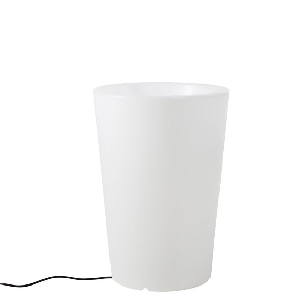 Beleuchteter Pflanzkübel in konischer Form aus weißem Kunststoff mit Stromkabel.