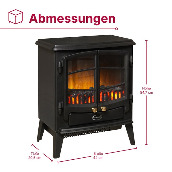 Abmessungen eines Dimplex Elektrokamins: Höhe 54,7 Zentimeter, Breite 44 Zentimeter, Tiefe 29,5 Zentimeter.