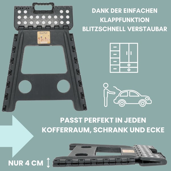 Grauer, zusammenklappbarer Trittschemel mit Tragegriff