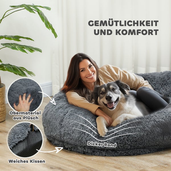 PawHut Hundebett für Menschen Waschbar Katzenbett mit 10 cm dicke Eier-Schaumstoffunterlage, kuschelige Hundekissen mit Haltegriff, 175 x 115 x 35 cm, Plüsch, Dunkelgrau