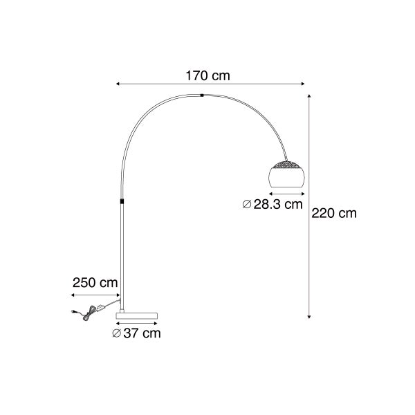 Maße einer Bogenlampe: Höhe 220 cm, Ausladung 170 cm, Schirmdurchmesser 28,3 cm, Fußdurchmesser 37 cm, Kabellänge 250 cm