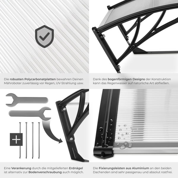 Details eines Vordachs aus Polycarbonat mit Montagezubehör