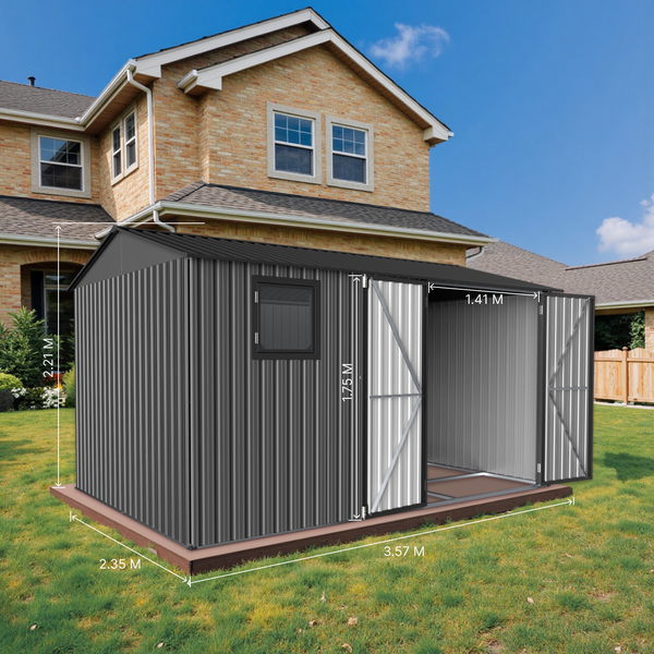 Metall Gerätehaus mit Doppeltür und Fenster im Garten mit Maßangaben