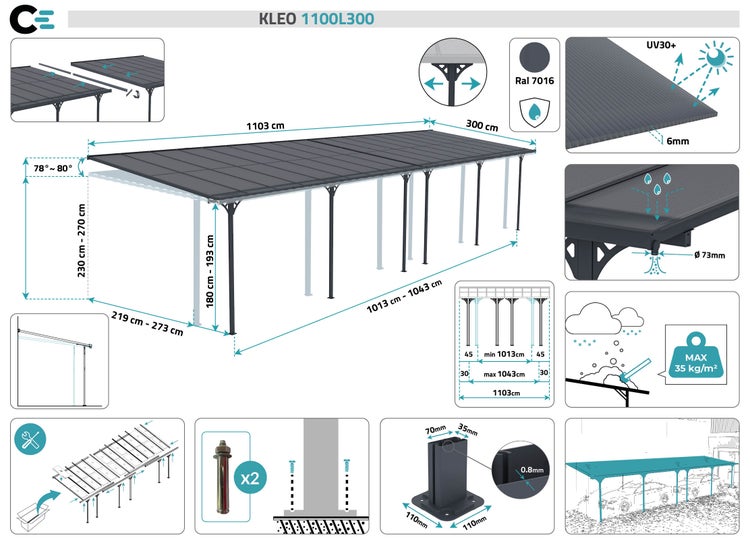 Angebaute Pergola/Carport 33m² KLEO 1100L300 Aluminium Grau
