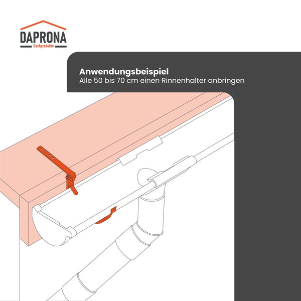 Daprona Logo und Illustration zur Montage eines Rinnenhalters an einer Dachrinne im Abstand von 50 bis 70 Zentimetern.
