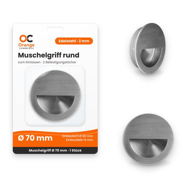 Runder Muschelgriff aus Edelstahl zum Einlassen, Durchmesser 70 Millimeter, inklusive Verpackung von Orange Commerce Logo.