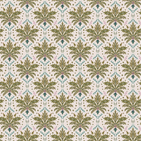 Tapete mit orientalischem Muster aus stilisierten Palmenblättern und feinen Ornamenten im Vintage-Stil.