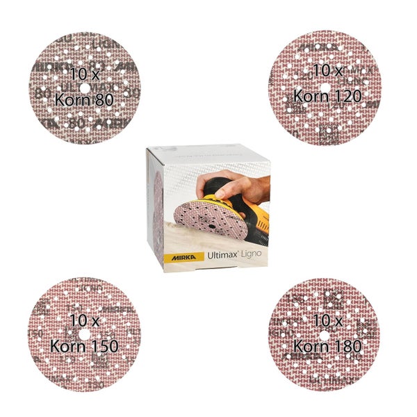 Mirka Schleifscheiben Set Ultimax Ligno mit verschiedenen Körnungen 80 120 150 und 180 für Exzenterschleifer in Originalverpackung