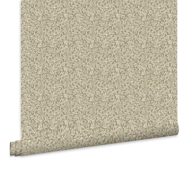 Tapete mit Blätter- und Blumenmuster sowie Farbbeispiele in Elfenbein, Natur und Soft Natur