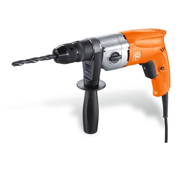 Orangefarbene Fein Elektro-Bohrmaschine mit Zusatzhandgriff und Bohrer.