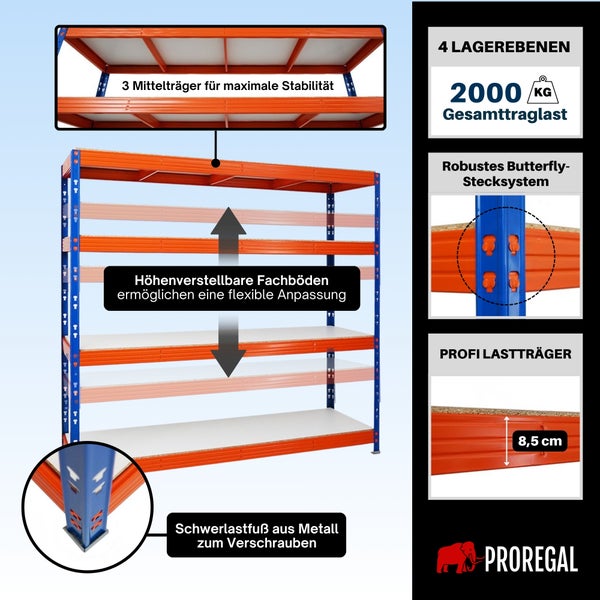 PROREGAL Schwerlastregal, 4 Ebenen, 2000 Kilogramm Traglast, 8,5 Zentimeter hohe Träger, höhenverstellbare Böden, Butterfly-Stecksystem und Metallfüße.