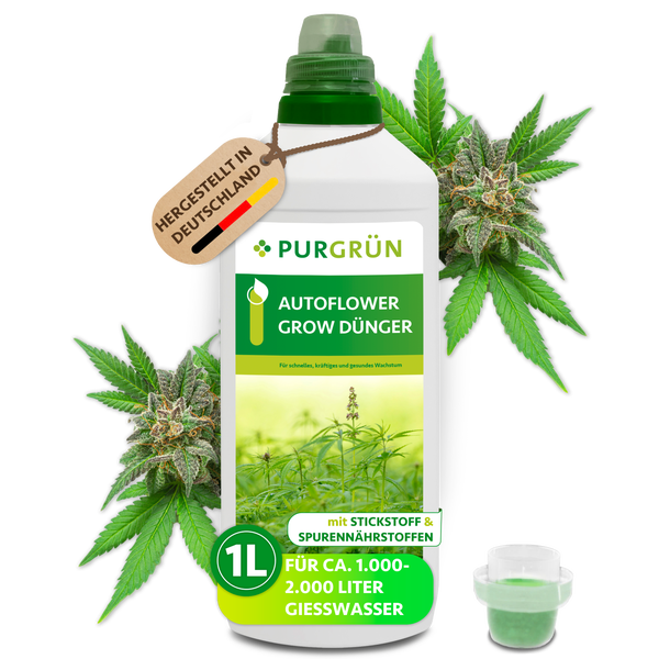 Purgrün Autoflower Grow Dünger 1 Liter Flasche mit Messkappe für gesundes Pflanzenwachstum.