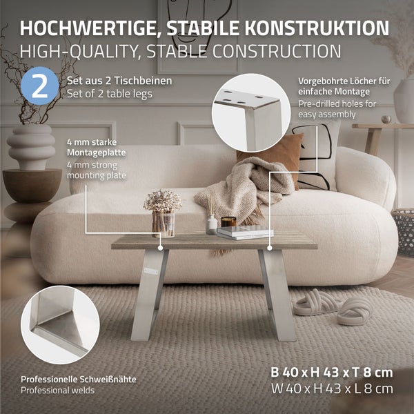 ML-Design 2er Set Tischkufen 80GRAD Neigung, 40x43 cm, Silber, 8x2cm, Schräge Tischbeine, Metall Möbelkufen, Tischgestell Edelstahl geneigt, Tischuntergestell Möbelfüße Bankkufen Bankgestell Bankbeine