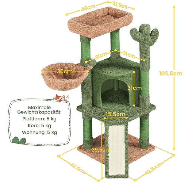 Katzenkratzbaum mit Liegeflächen, Korb und Höhle in Grün, Maße sind eingezeichnet