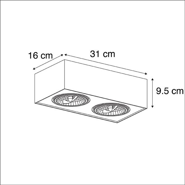 Maßzeichnung eines zweiflammigen Einbaustrahlers mit den Maßen 31 Zentimeter mal 16 Zentimeter mal 9,5 Zentimeter.