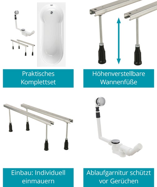Calmwaters® Rechteck Badewannen-Set 180x80 cm mit Wannenfüßen & Ablaufgarnitur, Acrylwanne Modern Small 2 mit integriertem Duschbereich, Set Badewanne komplett, 180 x 80 cm, Weiß, 99000290