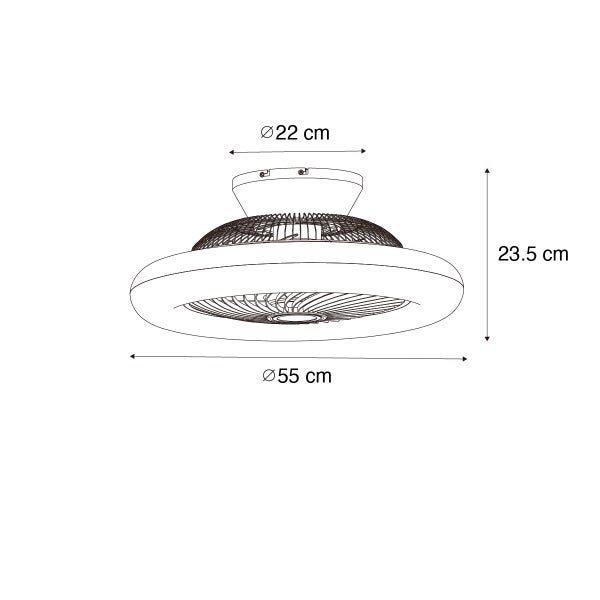Maßzeichnung eines Deckenventilators mit Licht: Durchmesser 55 Zentimeter, Höhe 23,5 Zentimeter, Deckenbefestigung 22 Zentimeter.