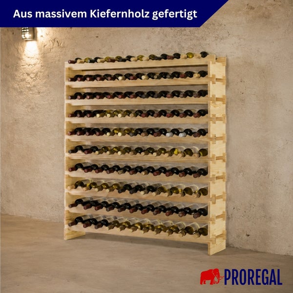 PROREGAL Weinregal aus massivem Kiefernholz, gefüllt mit Weinflaschen.