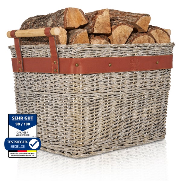 OAKAGE® WillowWrap Holzkorb Weide - mit ausreißsicheren Holzgriffen - 50x40x35cm