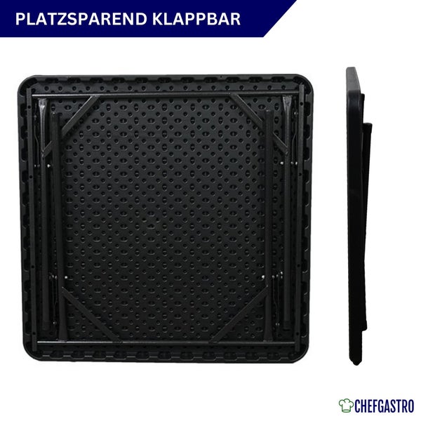 Platzsparender Klapptisch von ChefGastro, Untersicht und Seitenansicht im zusammengeklappten Zustand.