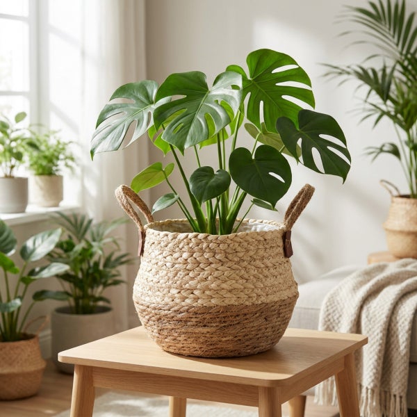 Monstera Pflanze in einem geflochtenen Korb auf einem Holztisch in einem hellen, wohnlichen Raum mit weiteren Zimmerpflanzen.