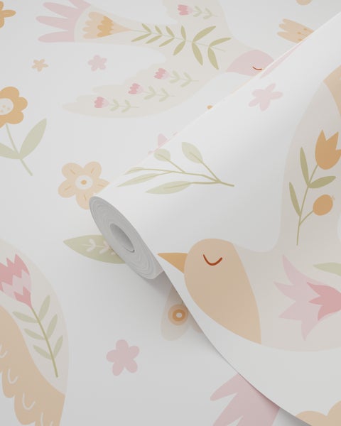 Tapetenrolle mit Vogel- und Blumenmuster