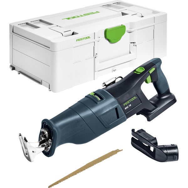 Festool Akku-Säbelsäge RSC 18 mit Festool Logo im Set mit einem Sägeblatt, einer Absaugvorrichtung und einem weißen Systainer Transportkoffer.