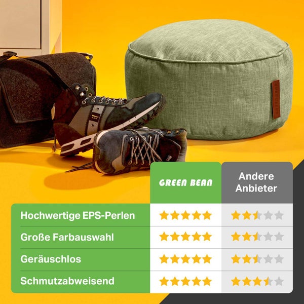 Green Bean Sitzsack-Hocker 45x25cm mit EPS-Perlen Füllung - Fußhocker Fußkissen Sitz-Pouf für Sitzsäcke - Bodenkissen für Kinder und Erwachsene - Fußablage Sitzkissen Sitzhocker Grün