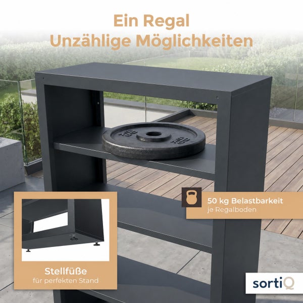 Ein stabiles Metallregal auf einer Terrasse mit höhenverstellbaren Stellfüßen und einer Belastbarkeit von 50 Kilogramm pro Regalboden von SortiQ
