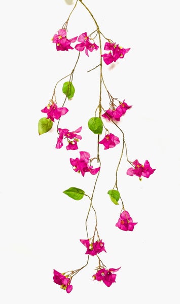 Künstlicher Bougainvillea-Zweig mit pinken Blüten und grünen Blättern.