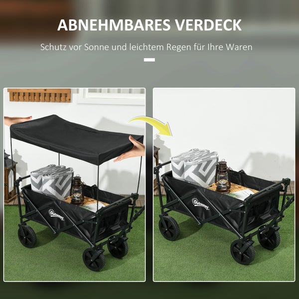 Outsunny Bollerwagen Faltbar, Transportwagen mit Sonnendach, Handwagen mit Griff, Gartenwagen mit Tragetasche, bis 100 kg Belastbar, Oxford, Schwarz