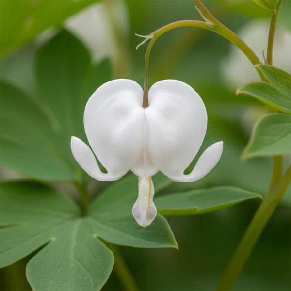 Weißes Tränendes Herz im sonnigen Gartenbeet mit Rindenmulch und Steinumrandung neben einem Gartenweg.