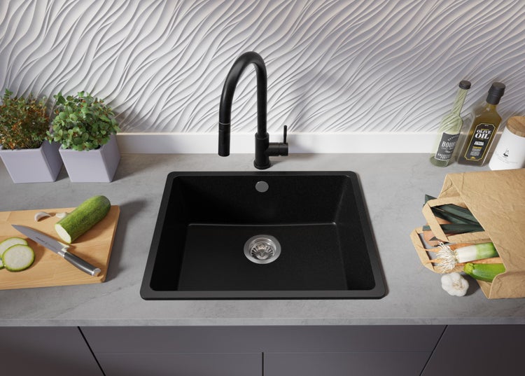 PRIMAGRAN Spülbecken Schwarz 56x44cm, Granitspüle 1 Becken + Ablauf-Set, Küchenspüle ab 60er Unterschrank - Venedig Slim Easy