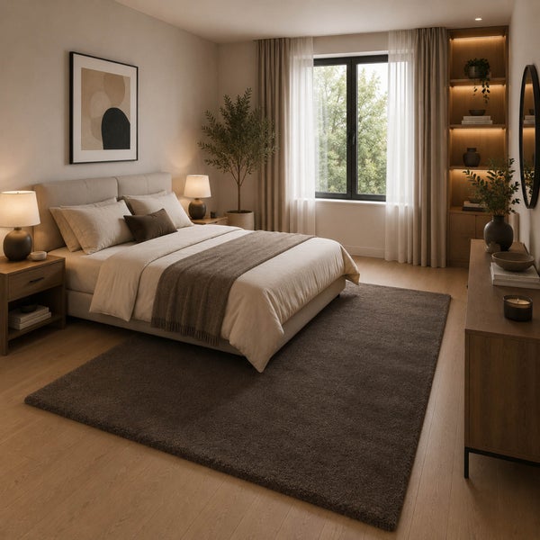 Modernes Schlafzimmer mit gepolstertem Doppelbett, Nachttischen, großem Teppich auf Holzfußboden und hellen Vorhängen am Fenster.