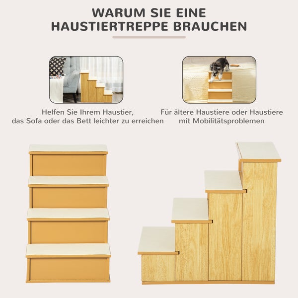 Haustiertreppe aus Holz mit vier Stufen und rutschfesten Teppichauflagen, hilft Tieren Sofa oder Bett zu erreichen.