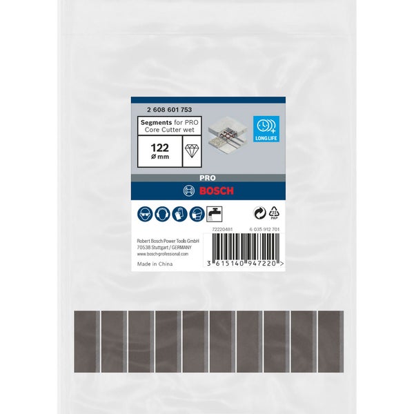 Bosch Expert, Bosch Pro, Bosch Logo, Papierverpackung, QR-Code, niedrige Drehzahl, Schutzsymbole.