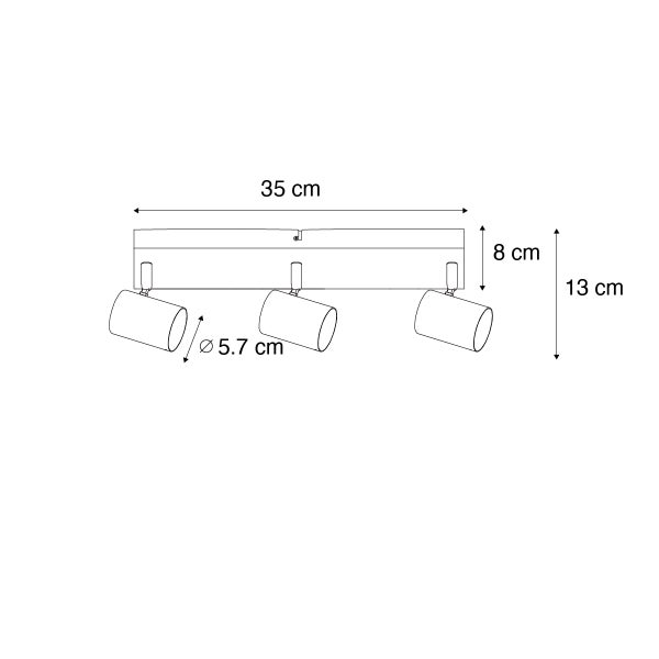 Technische Zeichnung einer Deckenleuchte mit drei Strahlern und den Maßen 35 x 8 x 13 Zentimeter