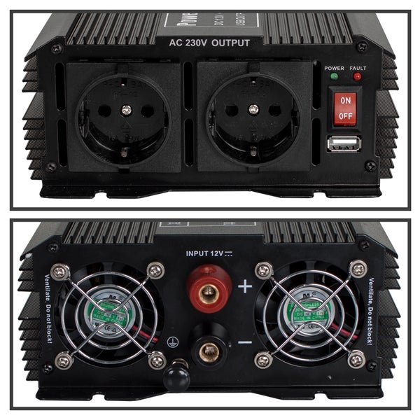 Wechselrichter mit 230V Wechselstromausgang, USB-Anschluss und 12V Eingang