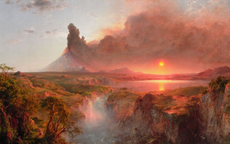 Gemälde einer Vulkanlandschaft mit Wasserfall und Sonnenuntergang