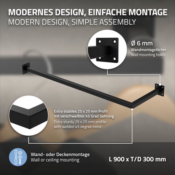 ML-Design Kleiderstange Übereck für die Wand, T30cm x B90cm, Schwarz, aus Stahl, rostfrei, Garderobenstange L-Form, Kleiderständer Wandmontage, Kleidergestell Garderobenhalter, inkl. Montagematerial