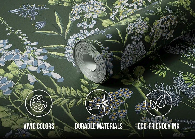 Vliestapete mit Blumenmuster, lebendige Farben, langlebige Materialien und umweltfreundliche Tinte.