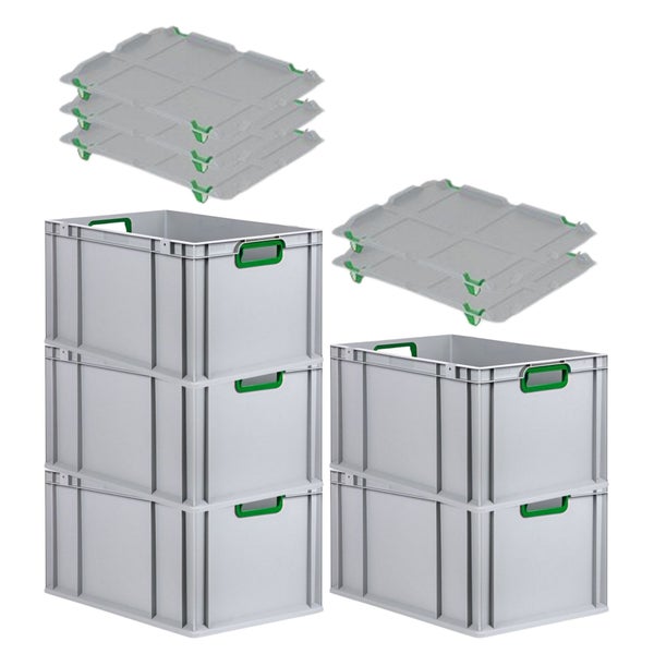 PROREGAL Spar Set 5x Eurobox Nextgen Color Mit Auflagedeckel & Schiebeschnappverschlüsse HxBxT 32 x 40 x 60 cm Griffe Grün Offen Verstärkter Boden