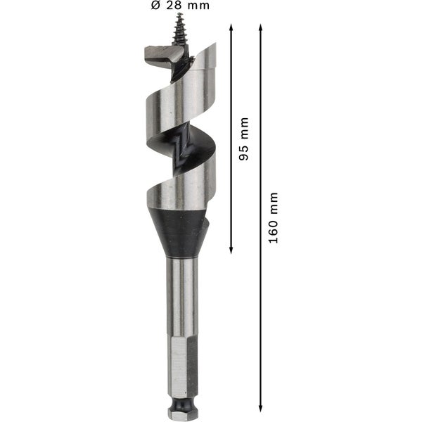 Holzbohrer mit einem Durchmesser von 28 Millimetern und einer Länge von 160 Millimetern.