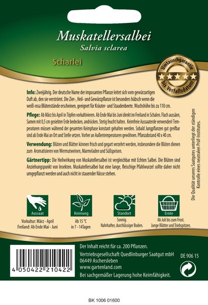 Rückseite der Saatgutpackung für Muskatellersalbei mit Informationen zu Aussaat, Keimung, Standort, Ernte und Umtauschgarantie bis Verfallsdatum.