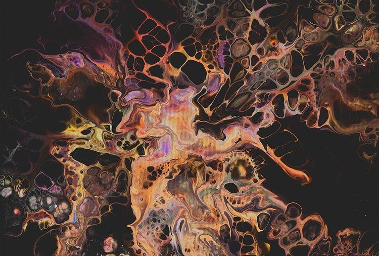 Abstraktes Wandbild auf Leinwand mit Fluid-Art-Muster und Zellstrukturen.